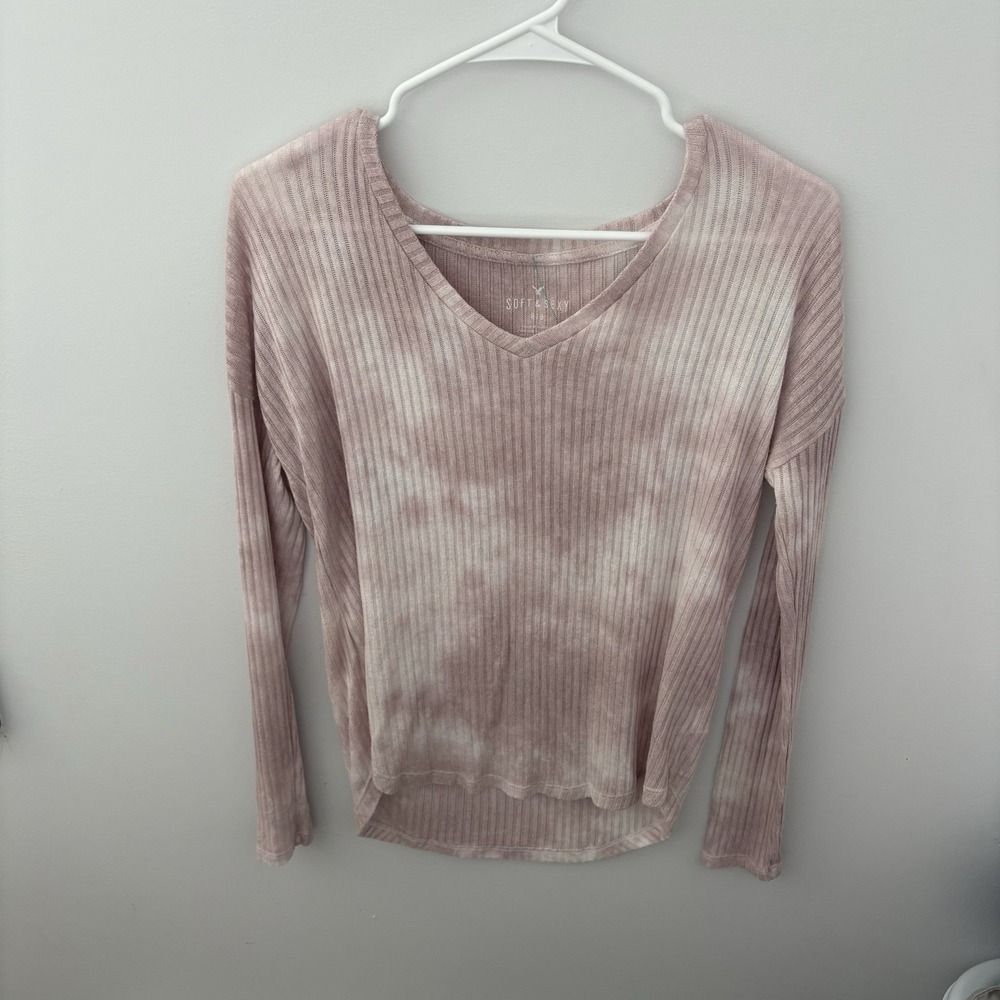 American Eagle By Soft & Sexy Womens Pink White Ribbed V Neck Pullover Top Sz S